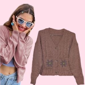 Knitted Cardigan Lazy Retro Gentle Sweater Button Open Front Y2k Mauve Pnk Small